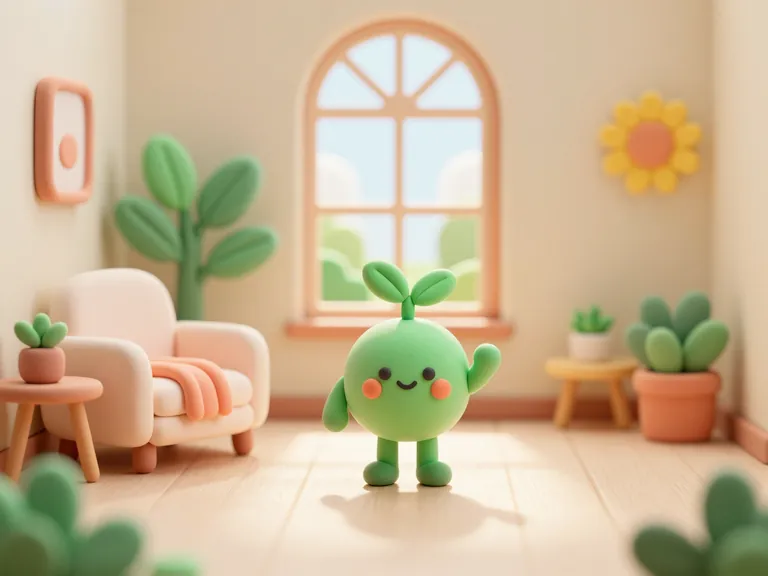 Kip, a small green sprout character, waving in a calm, sunny living room