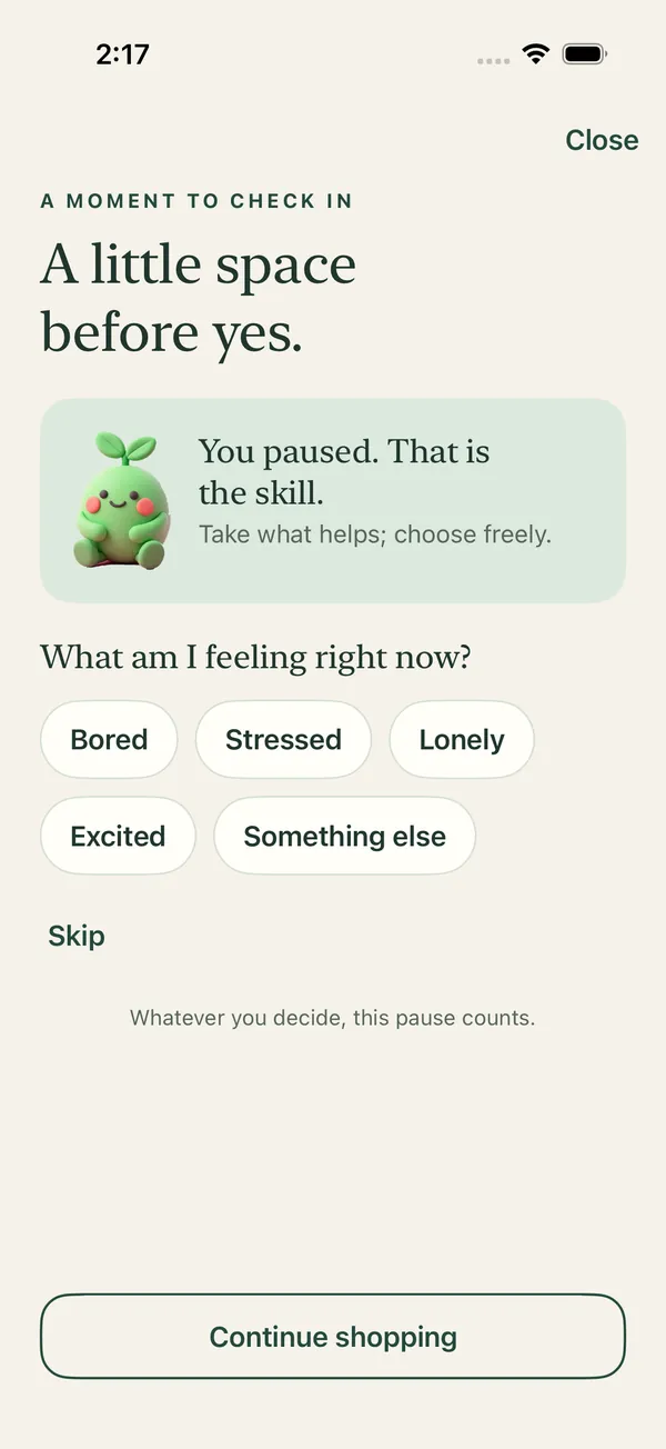 The KeepKindly pause screen asking what you are feeling right now