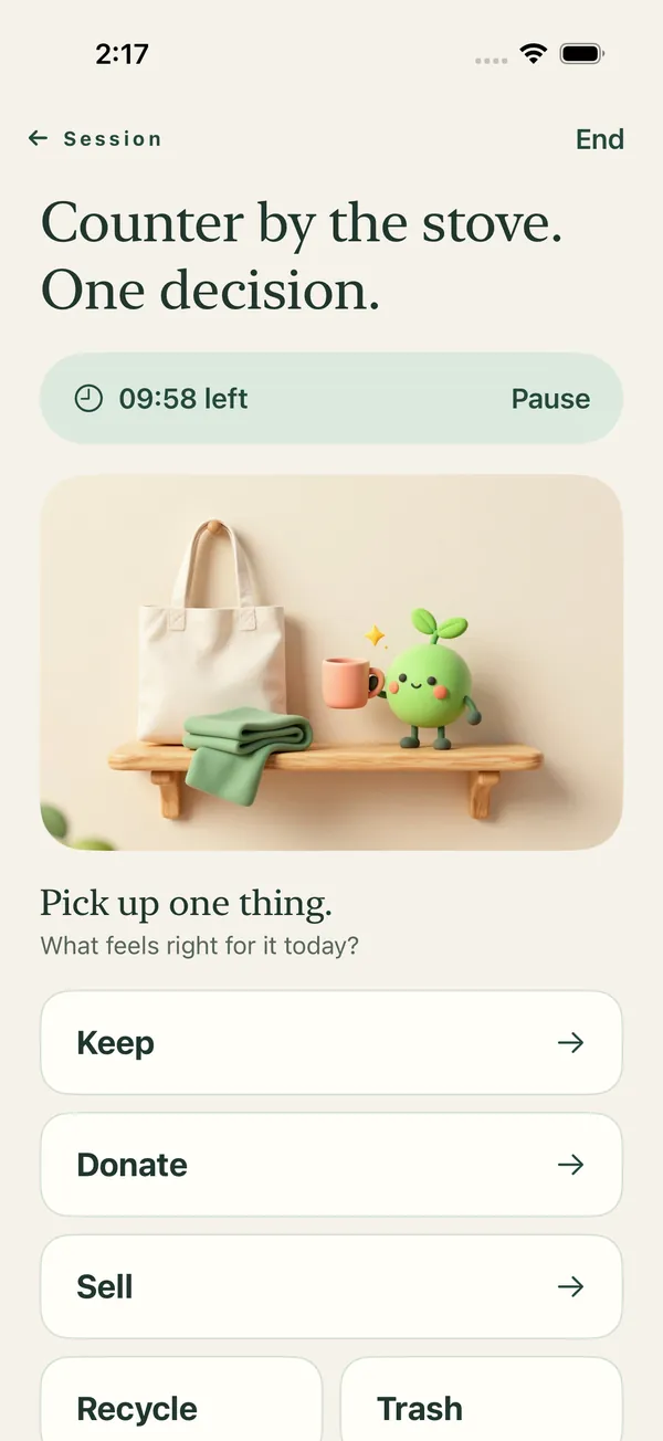 A KeepKindly session with Keep, Donate, Sell, Recycle and Trash choices