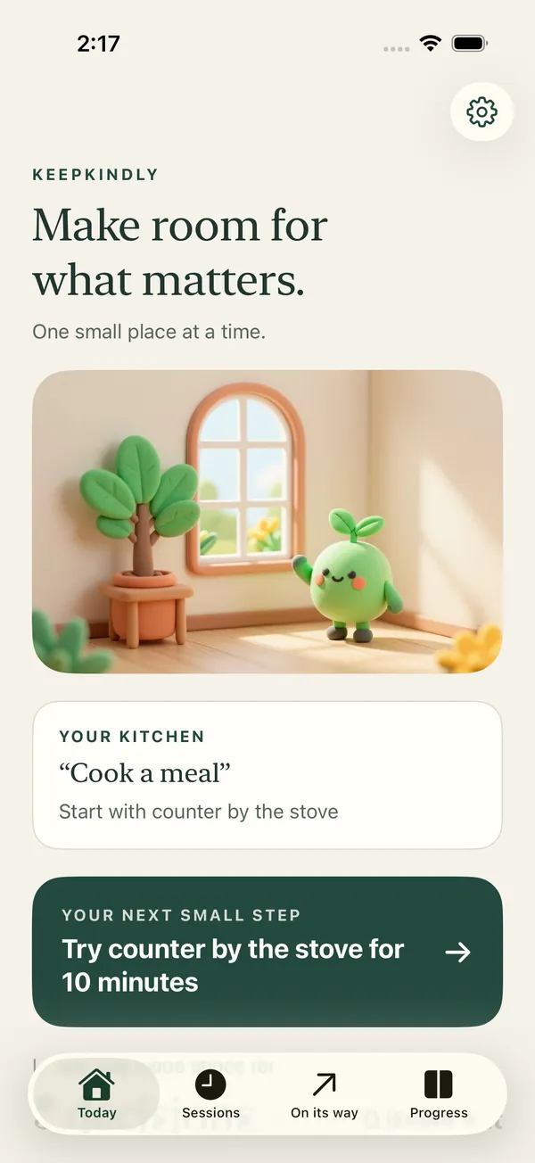 KeepKindly Today screen suggesting a ten minute session on the counter by the stove